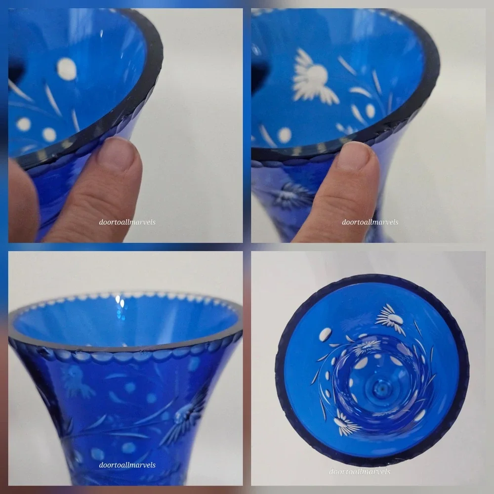 VTG Val St Lambert Footed Vase Cobalt Blue Cut-to-Clear Crystal Europe Art Deco